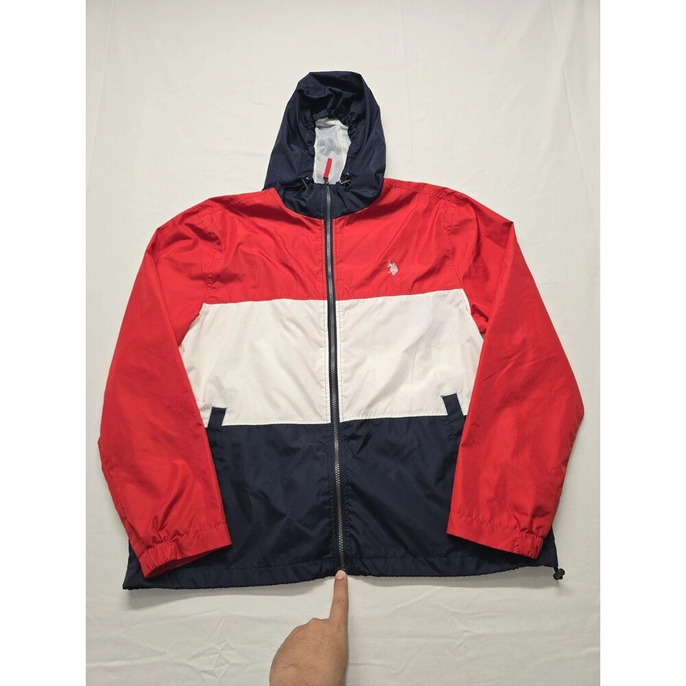 US Polo Assn Men's Blue White Red Hooded Full Zip Windbreaker Jacket Size XL